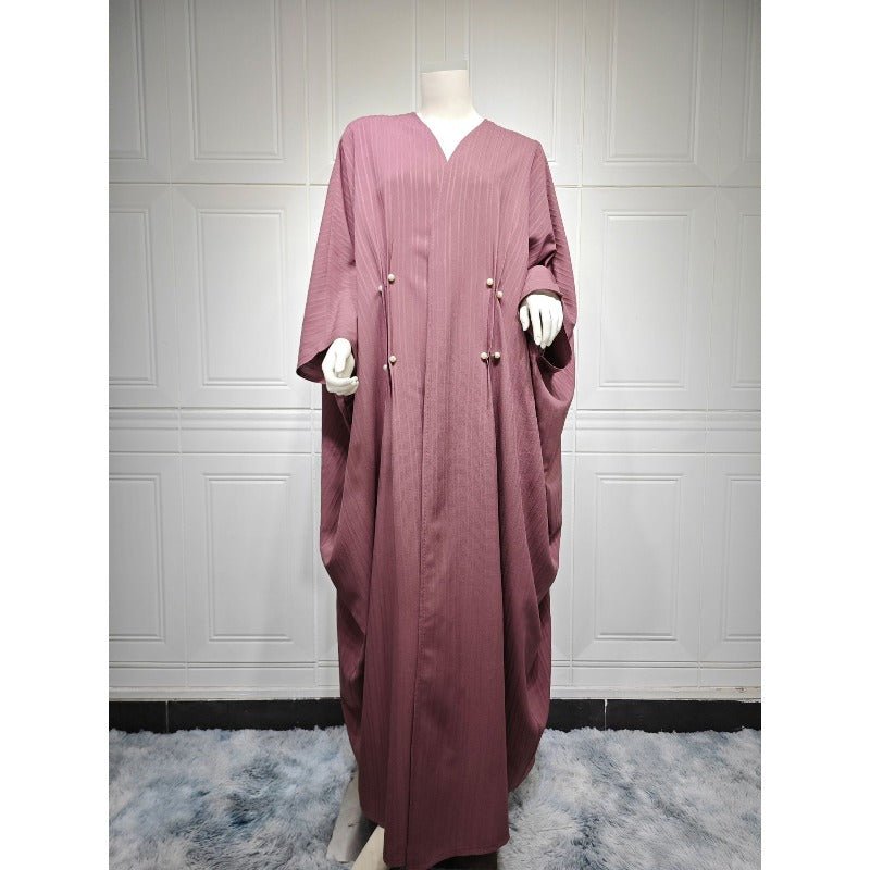 Modest Pleated Striped Abaya Cardigan Robe | V - Neck Bat Sleeve Kimono Cover - Up With Pearl Button(MOA226) - Mariam's Collection