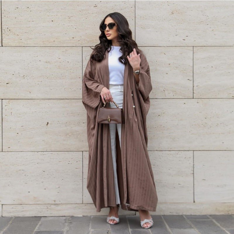 Modest Pleated Striped Abaya Cardigan Robe | V - Neck Bat Sleeve Kimono Cover - Up With Pearl Button(MOA226) - Mariam's Collection