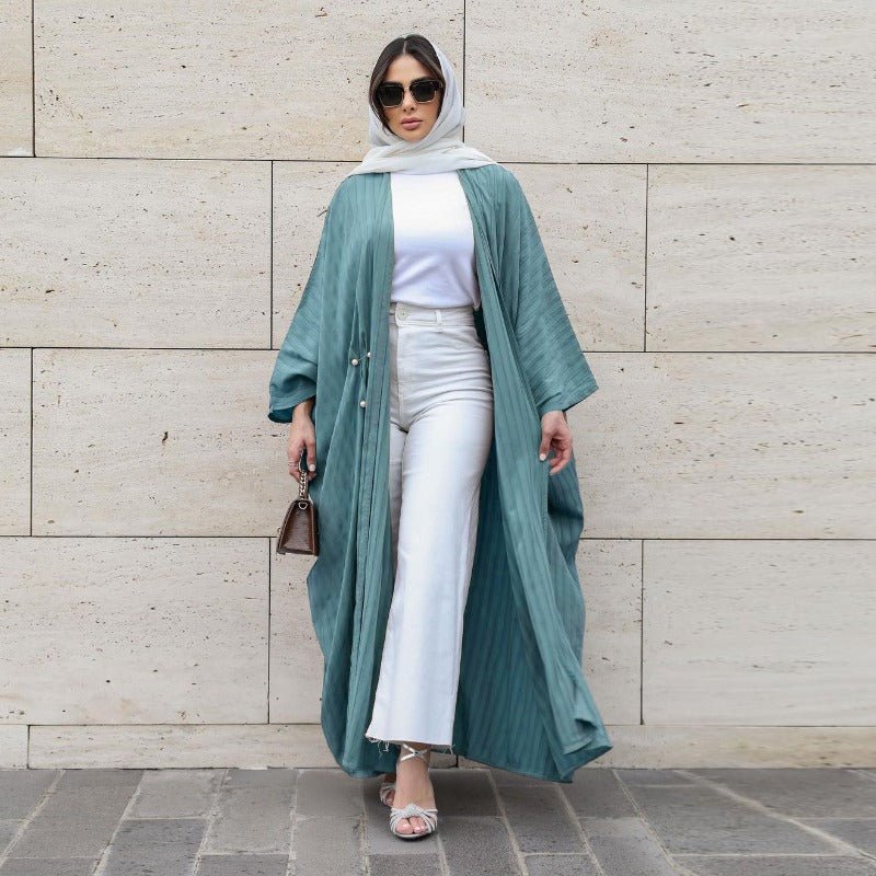 Modest Pleated Striped Abaya Cardigan Robe | V - Neck Bat Sleeve Kimono Cover - Up With Pearl Button(MOA226) - Mariam's Collection
