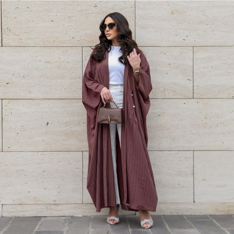 Modest Pleated Striped Abaya Cardigan Robe | V - Neck Bat Sleeve Kimono Cover - Up With Pearl Button(MOA226) - Mariam's Collection