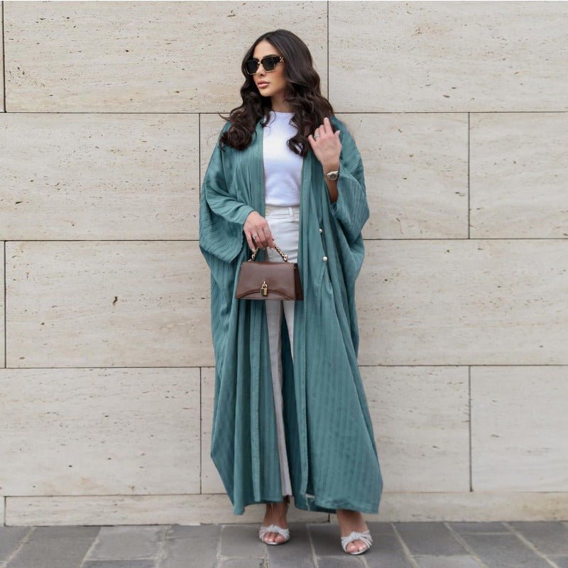 Modest Pleated Striped Abaya Cardigan Robe | V - Neck Bat Sleeve Kimono Cover - Up With Pearl Button(MOA226) - Mariam's Collection
