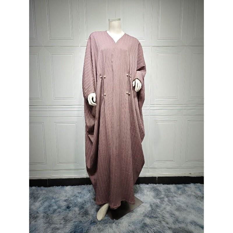 Modest Pleated Striped Abaya Cardigan Robe | V - Neck Bat Sleeve Kimono Cover - Up With Pearl Button(MOA226) - Mariam's Collection