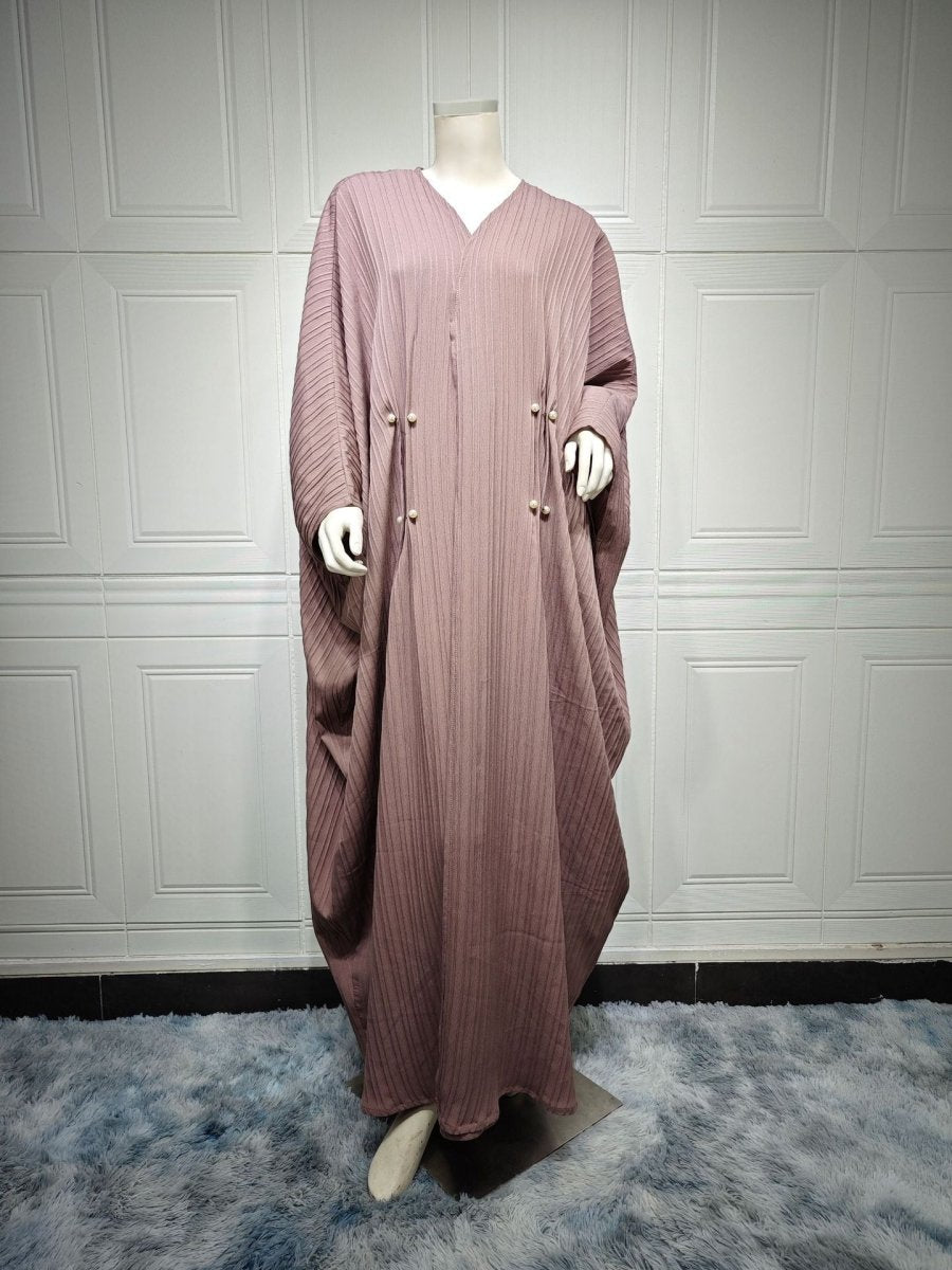 Modest Pleated Striped Abaya Cardigan Robe | V - Neck Bat Sleeve Kimono Cover - Up With Pearl Button(MOA226) - Mariam's Collection