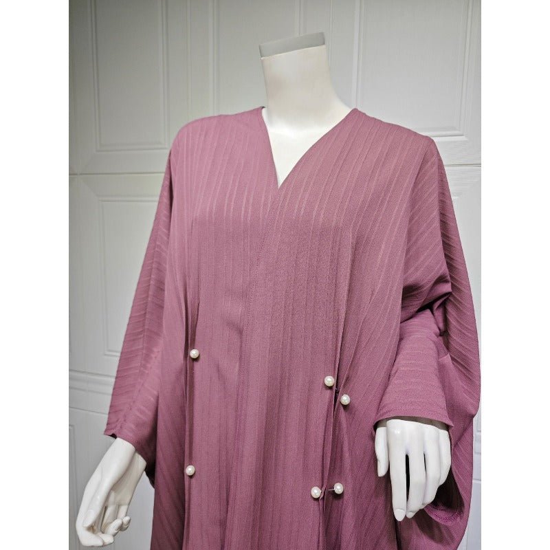 Modest Pleated Striped Abaya Cardigan Robe | V - Neck Bat Sleeve Kimono Cover - Up With Pearl Button(MOA226) - Mariam's Collection
