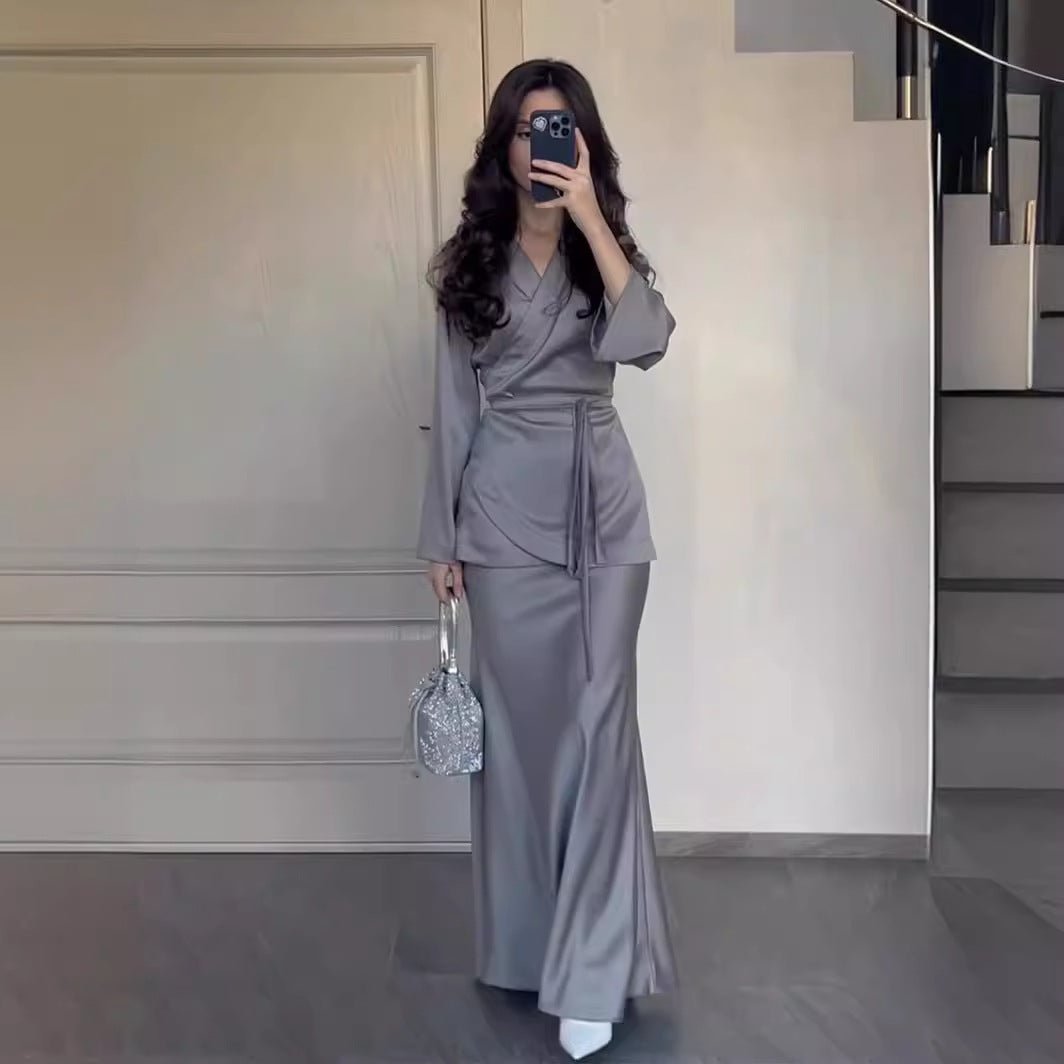 Modest Two-Piece Set Elegant Grey Satin Splicing Waist Abaya Dress Sui Modest Two-Piece Set Elegant Grey Satin Splicing Waist Abaya Dress Sui
