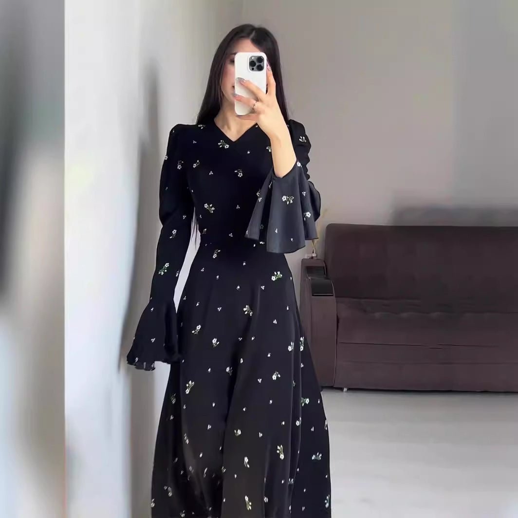 Modest V-Neck Boho Chiffon Black Floral Abaya Dress with Lotus Sleeve Flared Bell Sleeves.(MA202), Black / XL