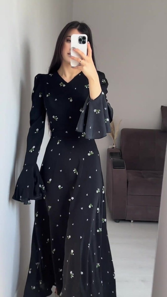 Modest V - Neck Boho Chiffon Black Floral Abaya Dress with Lotus Sleeve Flared Bell Sleeves. (MA202) - Mariam's Collection