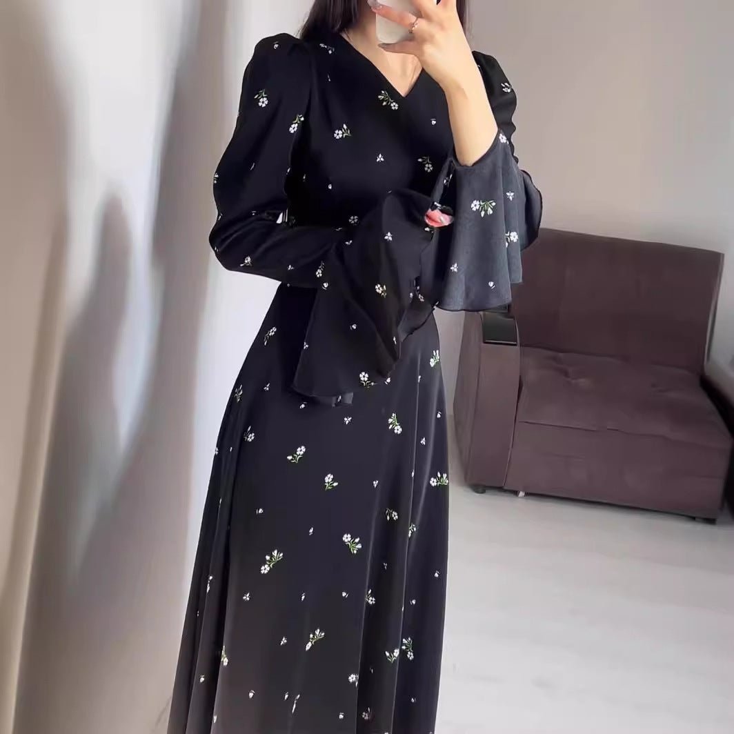 Modest V - Neck Boho Chiffon Black Floral Abaya Dress with Lotus Sleeve Flared Bell Sleeves. (MA202) - Mariam's Collection