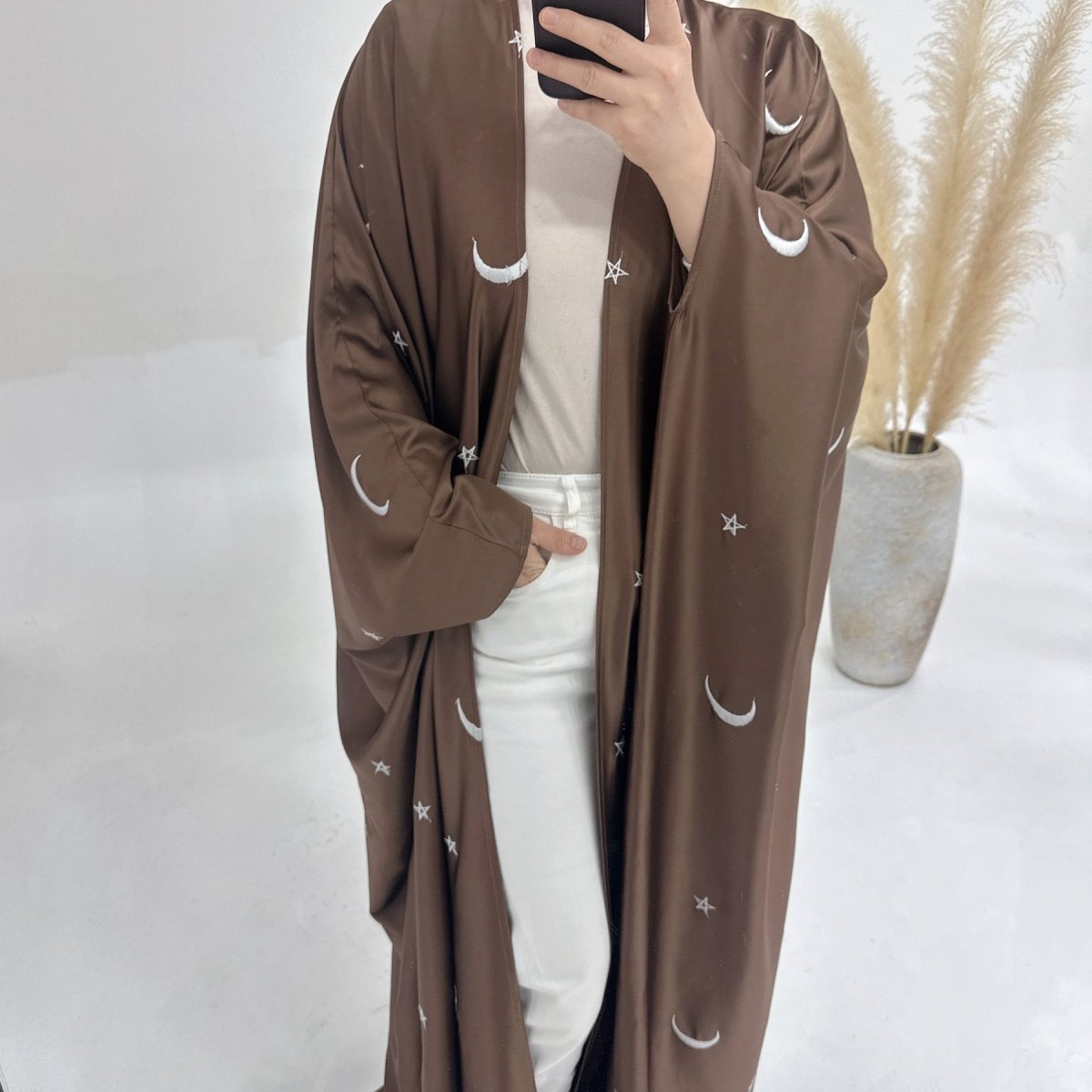 Moon and Star Embroidery Design Open Abaya for Eid (MOA043) - Mariam's Collection