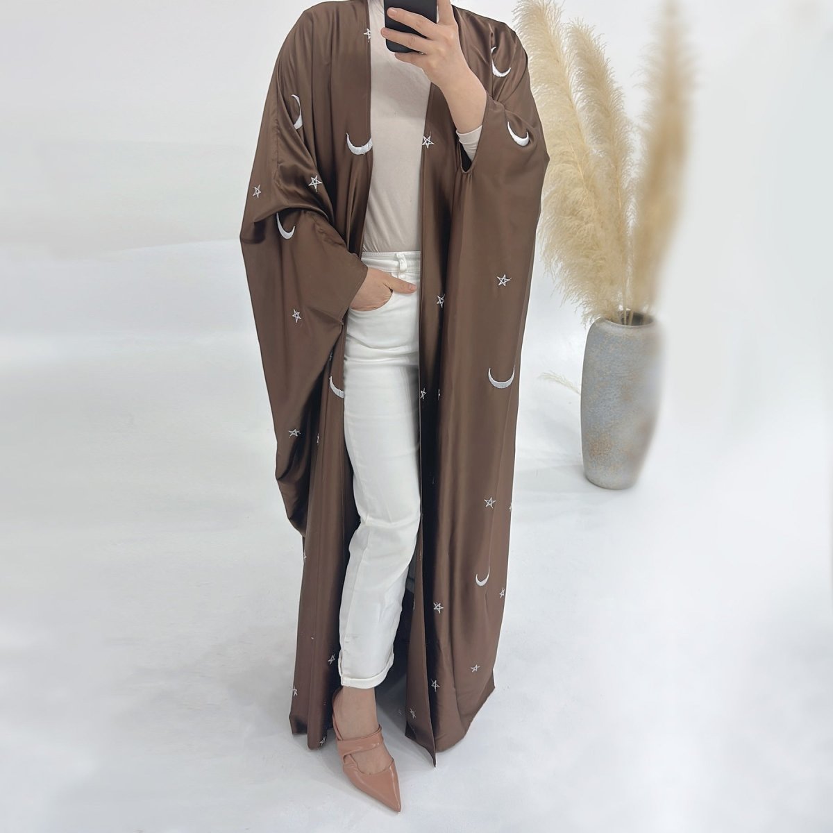 Moon and Star Embroidery Design Open Abaya for Eid (MOA043) - Mariam's Collection