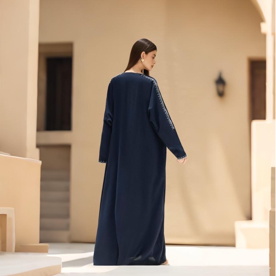 Moonlight Navy Abaya With White Geometric Stitch Embroidery | 2 - Piece Set (MOA119) - Mariam's Collection