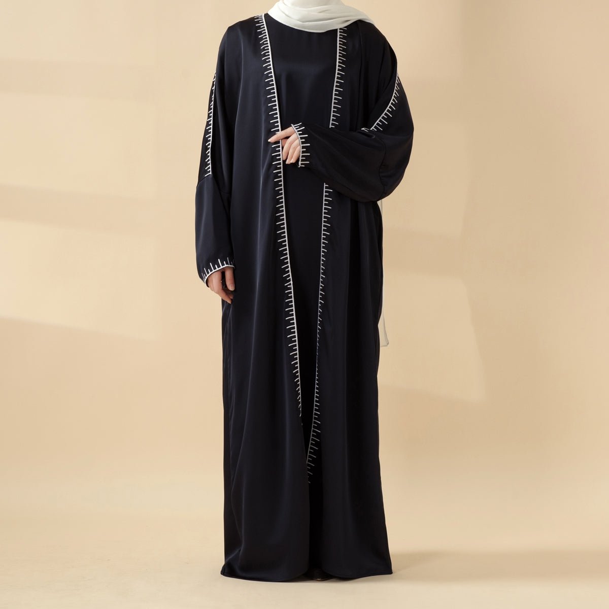 Moonlight Navy Abaya With White Geometric Stitch Embroidery | Two-Piece Set (MOA119)