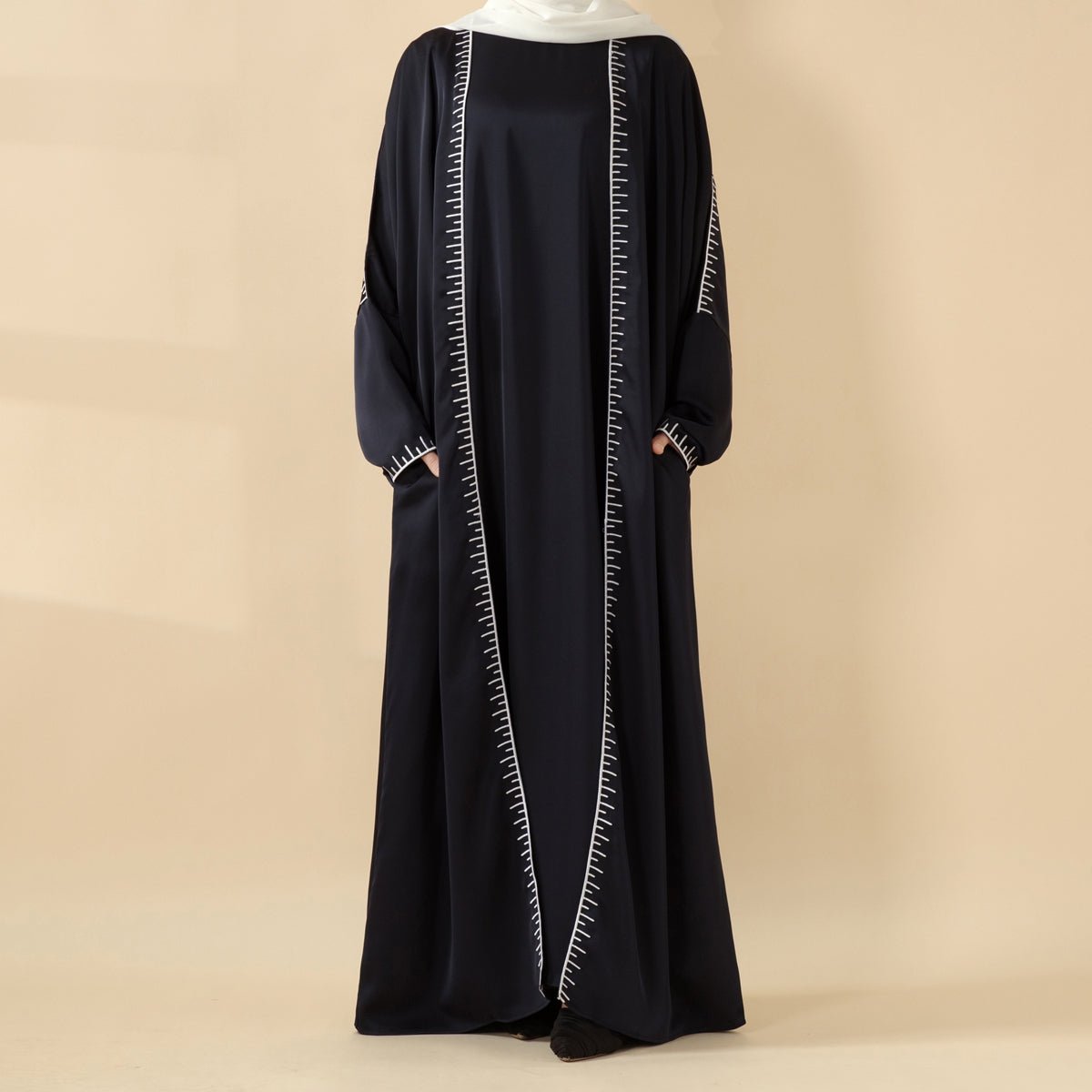 Moonlight Navy White Geometric Stitch Embroidered Matte Satin Two - Piece Set Abaya (MOA119) - Mariam's Collection