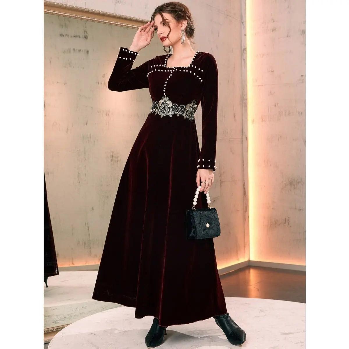 MS020 Square Neck Floral Pearl Dress - Mariam's Collection