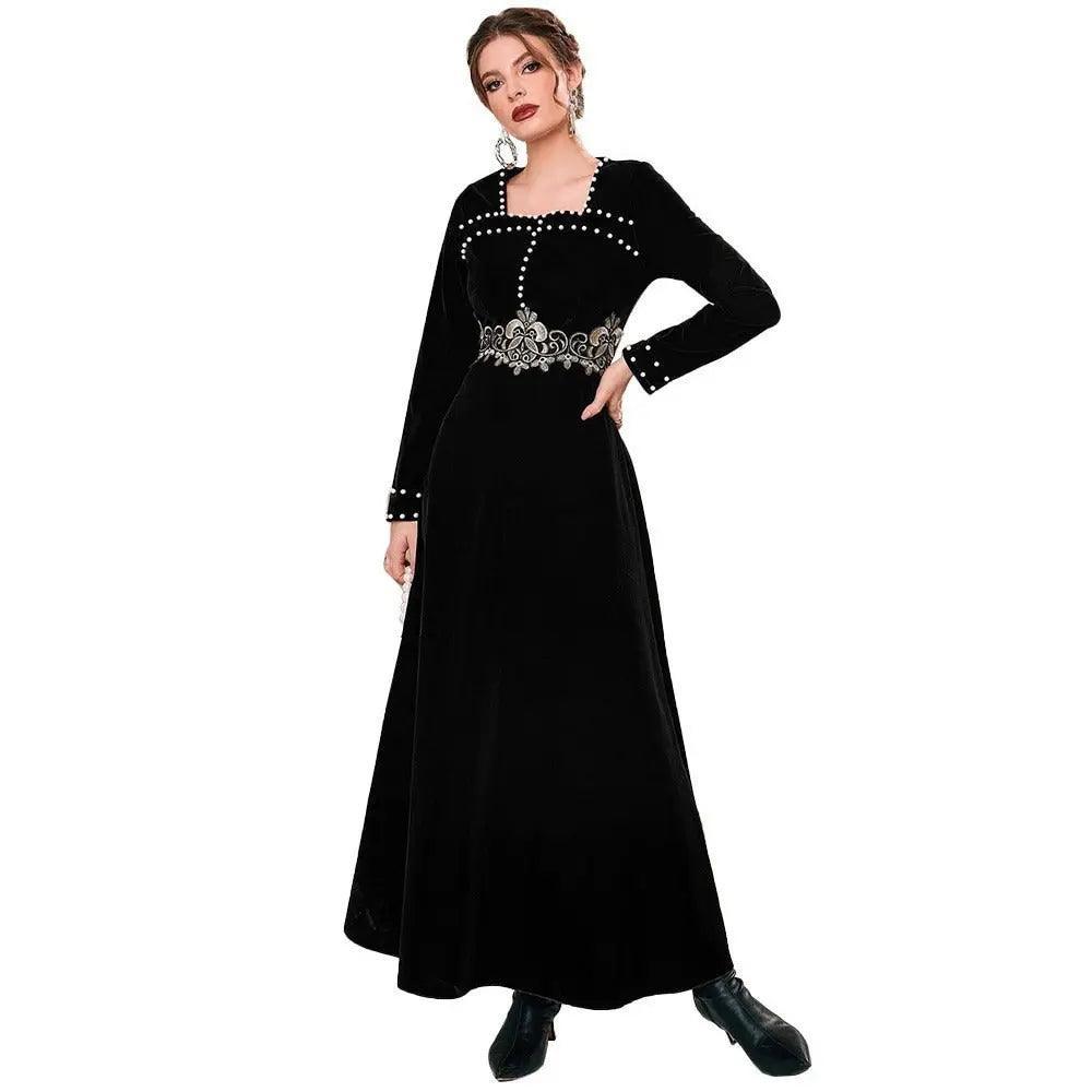 MS020 Square Neck Floral Pearl Dress - Mariam's Collection