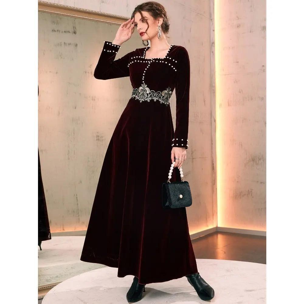 MS020 Square Neck Floral Pearl Dress - Mariam's Collection