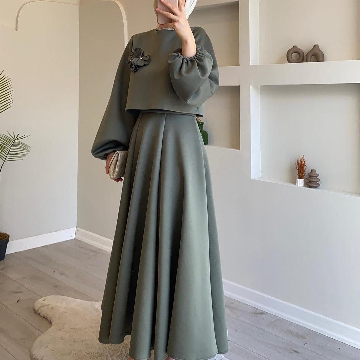 MS023 Floral Lantern Sleeve Loose Dress Women's Skirt Two-Piece Set - Mariam's Collection