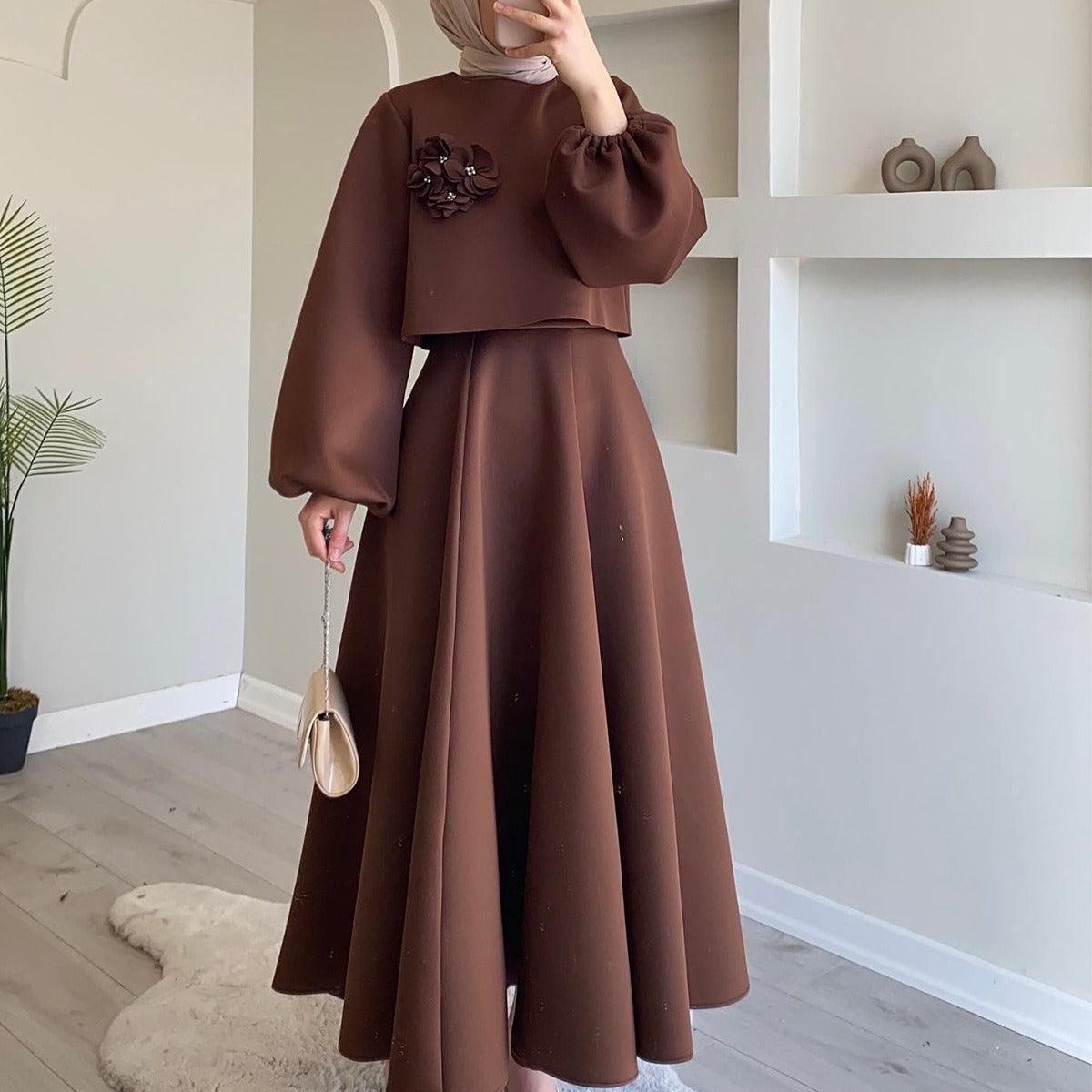 MS023 Floral Lantern Sleeve Loose Dress Women's Skirt Two-Piece Set - Mariam's Collection Black / XL MS023 Floral Lantern Sleeve Loose Dress Women's Skirt Two-Piece Set - Mariam's Collection Black / XL
