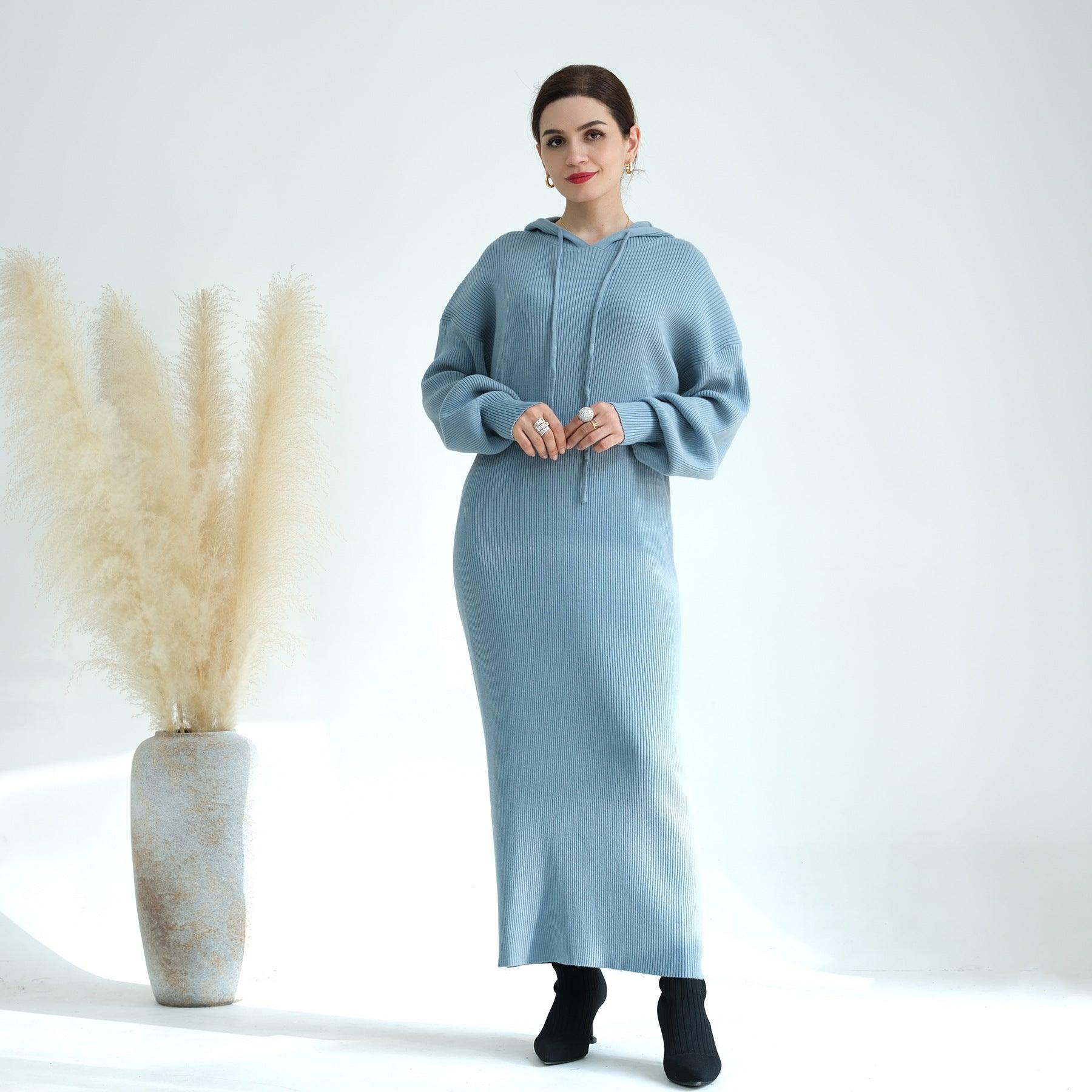 Hooded Abaya for Women - LM228 Thick-Knit Sweater Dress Light blue / M/L Hooded Abaya for Women - LM228 Thick-Knit Sweater Dress Light blue / M/L