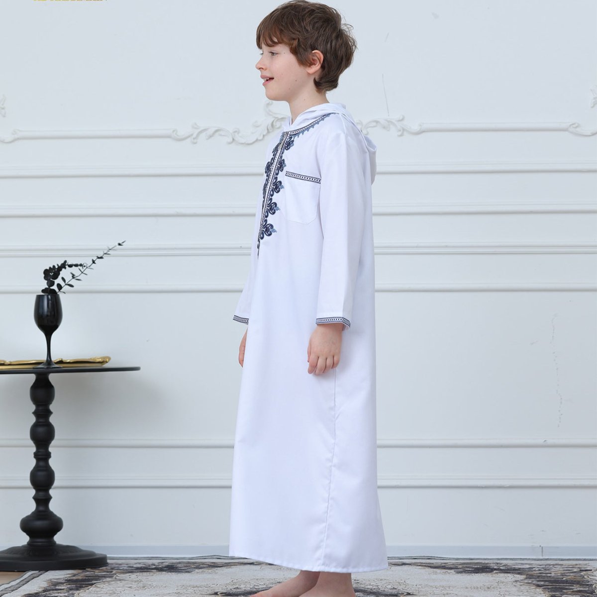 Muslim Boys Embroidered Hooded Thobe with Pockets (MKB014) - Mariam's Collection
