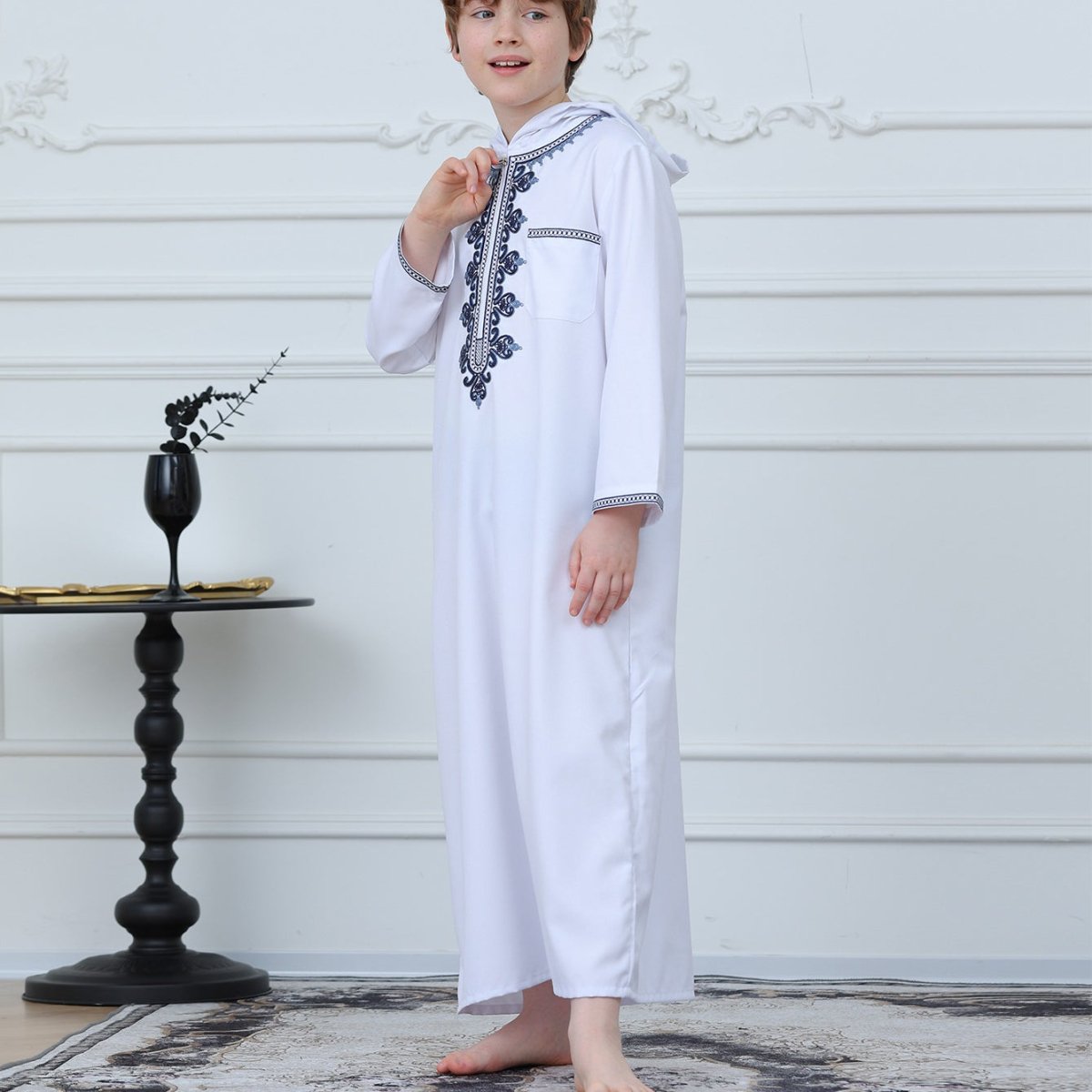 Muslim Boys Embroidered Hooded Thobe with Pockets (MKB014) - Mariam's Collection