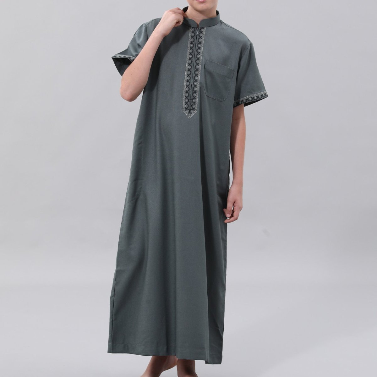 Muslim Boys Embroidered Thobe with Pockets (MKB013) - Mariam's Collection
