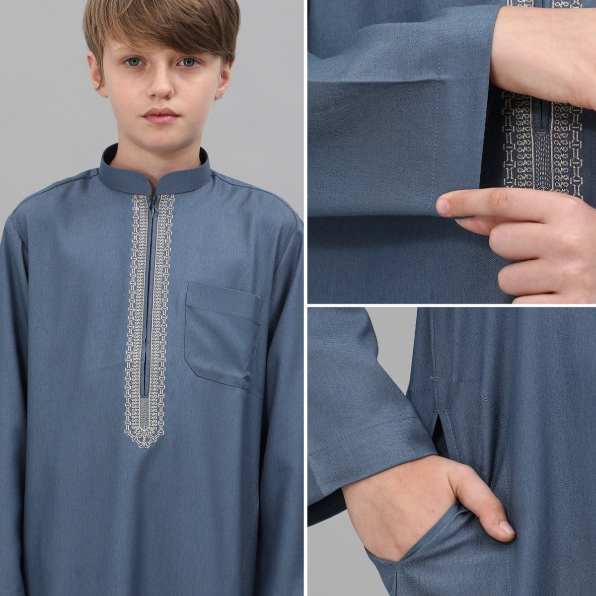 Muslim Boys Embroidered Thobe with Pockets (MKB013) - Mariam's Collection