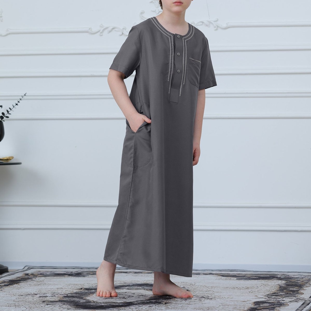Muslim Boys Short Sleeve Embroidered Thobe with Pockets (MKB015) - Mariam's Collection