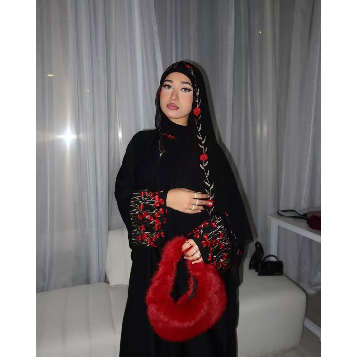 Muslim Elegant Floral Embroidered Abaya Cardigan | Black Modest Cover with Red/Pink Hand - Stitched Blossoms. (MOA169) - Mariam's Collection