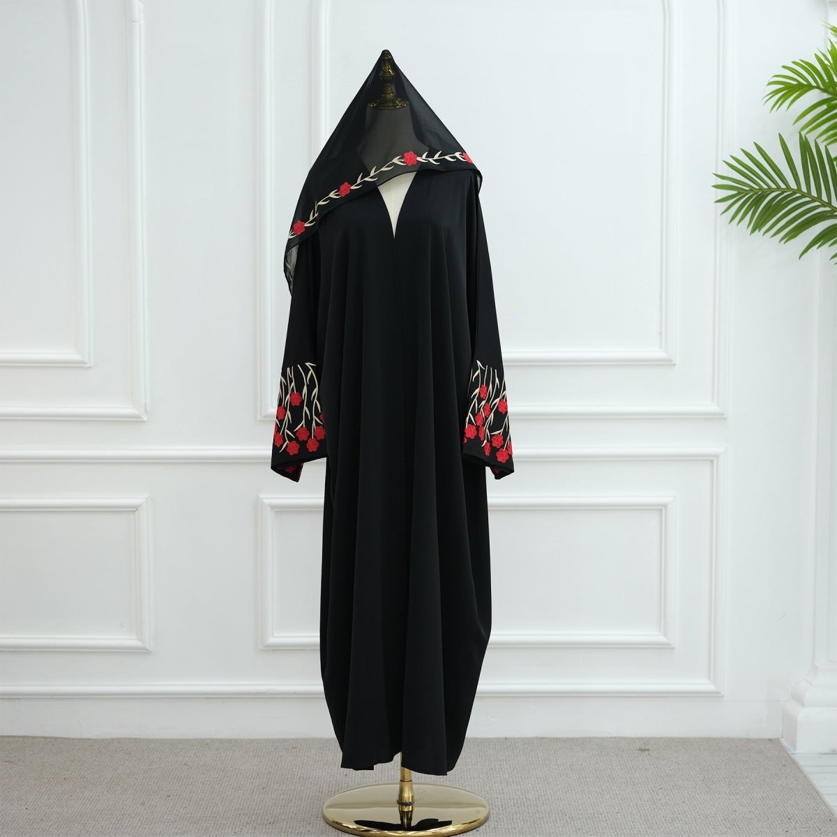 Muslim Elegant Floral Embroidered Abaya Cardigan | Black Modest Cover with Red/Pink Hand - Stitched Blossoms. (MOA169) - Mariam's Collection