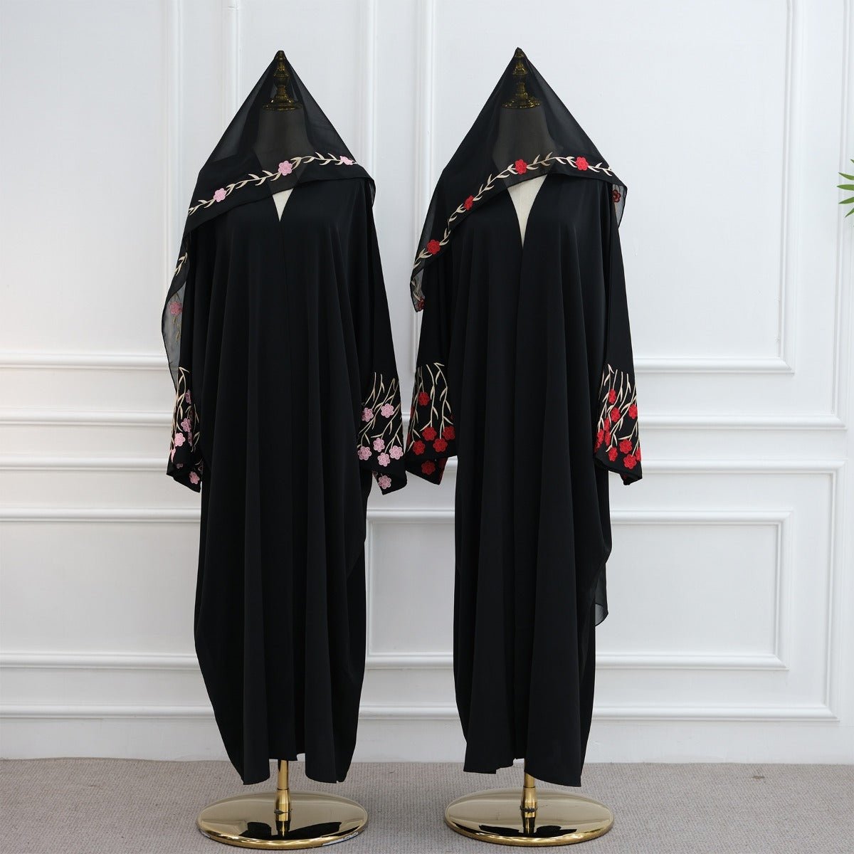 Muslim Elegant Floral Embroidered Abaya Cardigan | Black Modest Cover with Red/Pink Hand - Stitched Blossoms. (MOA169) - Mariam's Collection