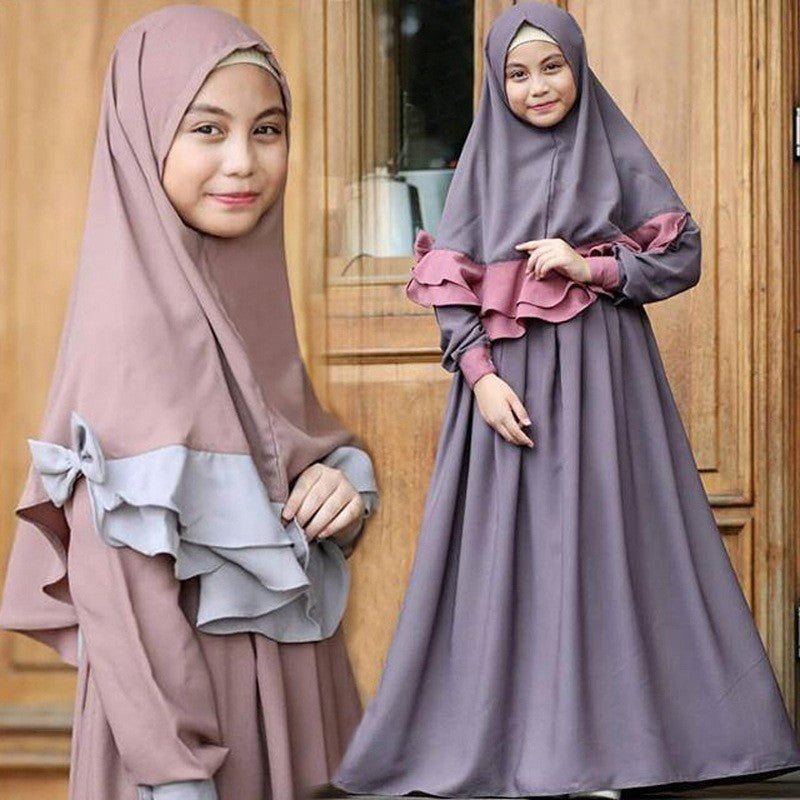 Muslim Girls Dress & Bow Hijab Set with Ruffle Trim (MKG026) - Mariam's Collection
