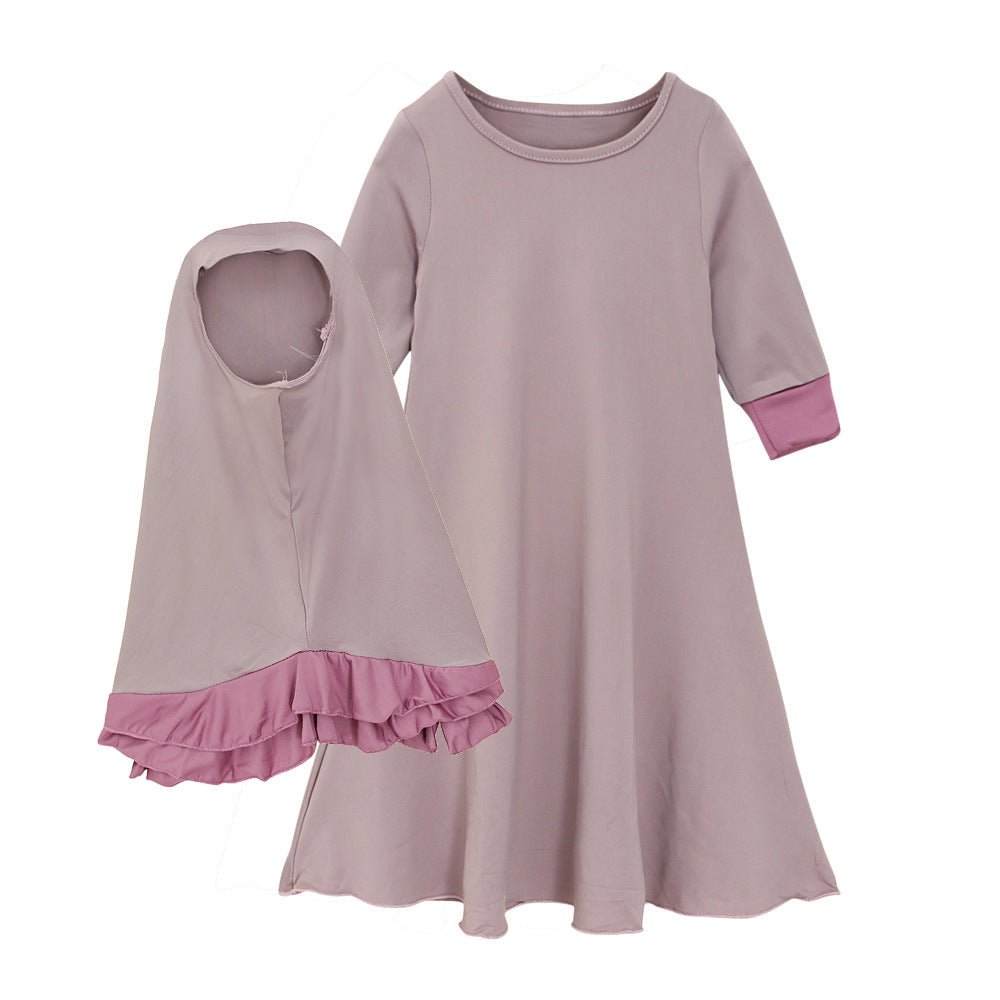 Muslim Girls Dress & Bow Hijab Set with Ruffle Trim (MKG026) - Mariam's Collection