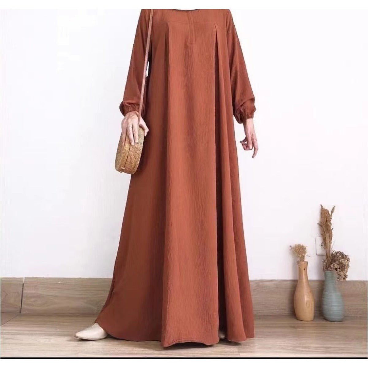 Muslim Luxury Autumn Hues Bubble Sleeve Dress | Modest Robe with Placket Zip. (MA255) - Mariam's Collection