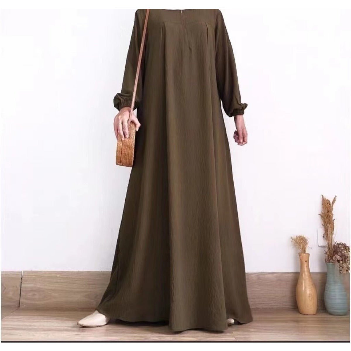 Muslim Luxury Autumn Hues Bubble Sleeve Dress | Modest Robe with Placket Zip. (MA255) - Mariam's Collection
