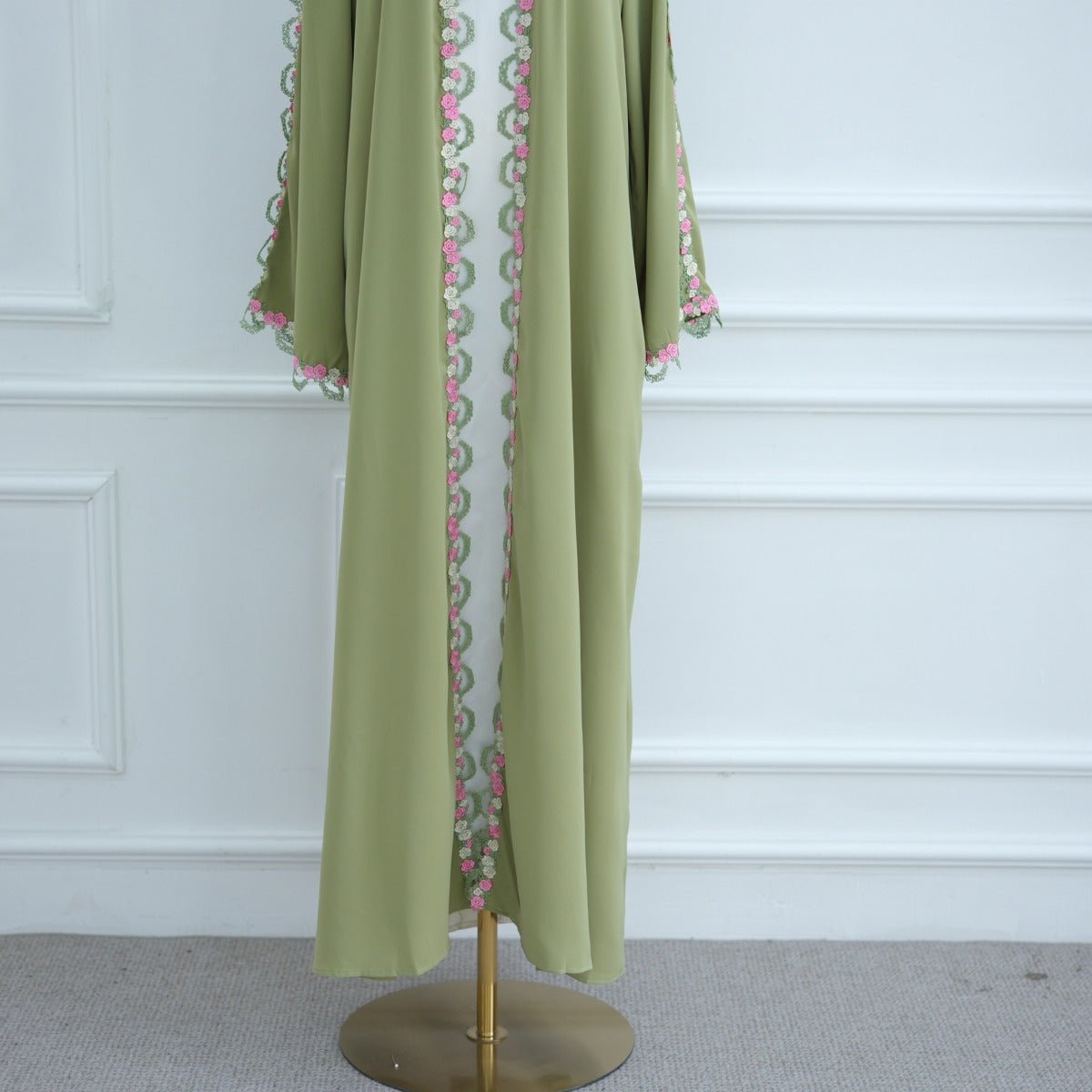 Muslim Women's Luxury Floral Embroidered Cardigan | Olive Green Modest Cover - Up with Pink/White Blossoms (MOA197) - Mariam's Collection