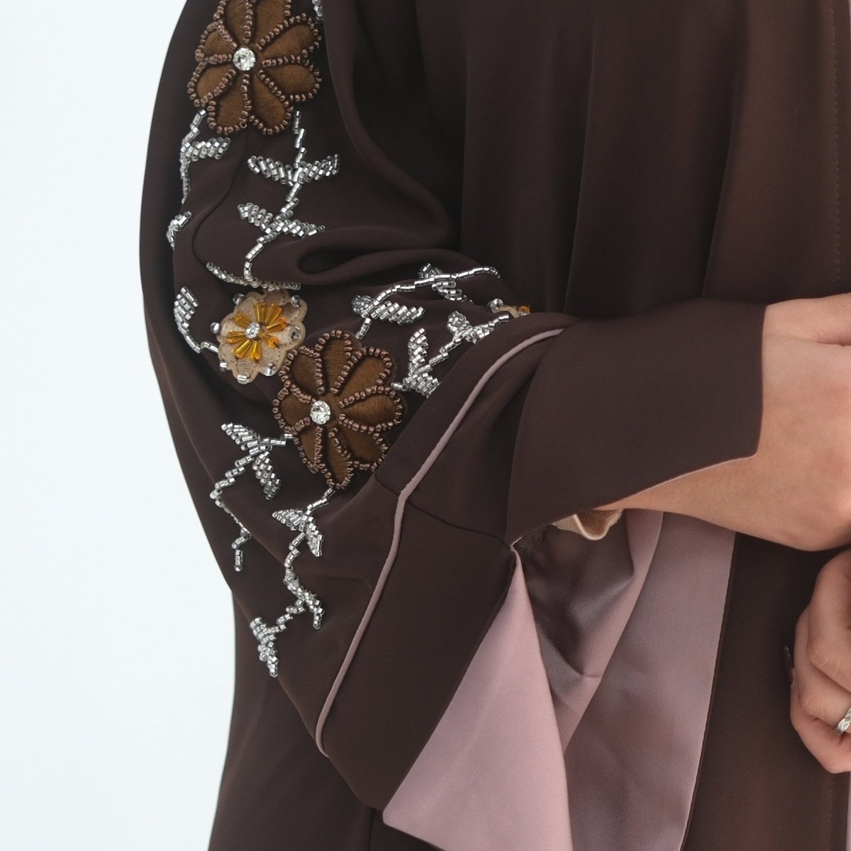Nida Abaya with Hand - Beaded Floral Sleeves(MOA290) - Mariam's Collection