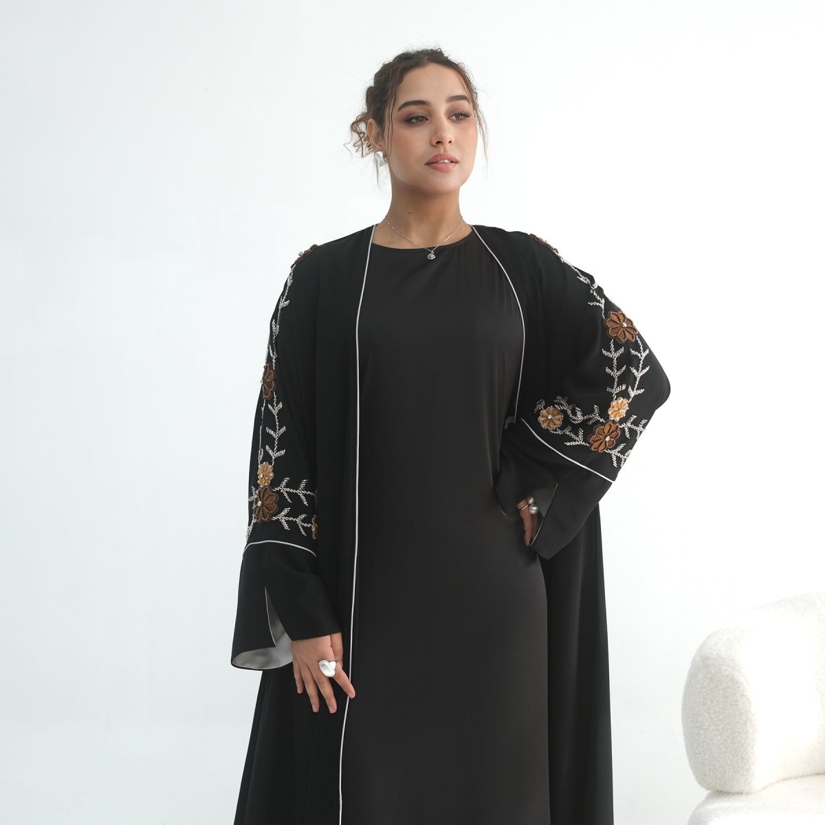 Nida Abaya with Hand - Beaded Floral Sleeves(MOA290) - Mariam's Collection