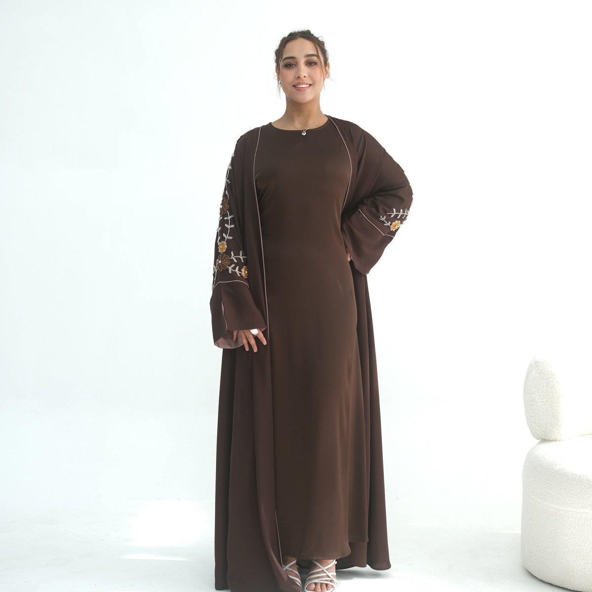 Nida Abaya with Hand - Beaded Floral Sleeves(MOA290) - Mariam's Collection