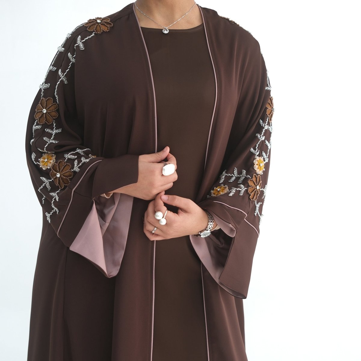 Nida Abaya with Hand - Beaded Floral Sleeves(MOA290) - Mariam's Collection