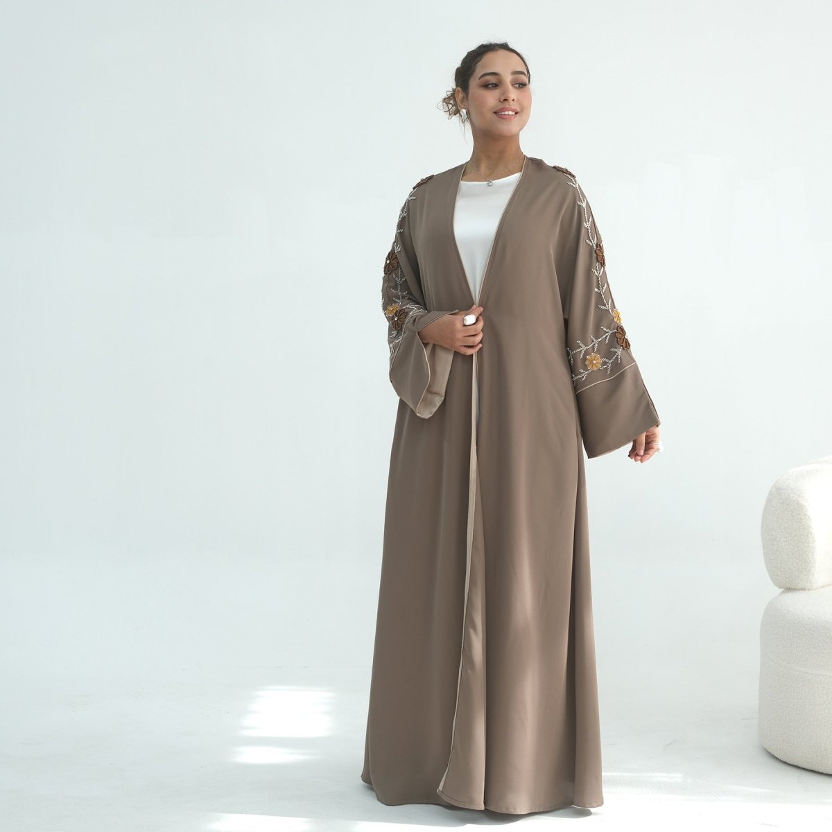Nida Abaya with Hand - Beaded Floral Sleeves(MOA290) - Mariam's Collection
