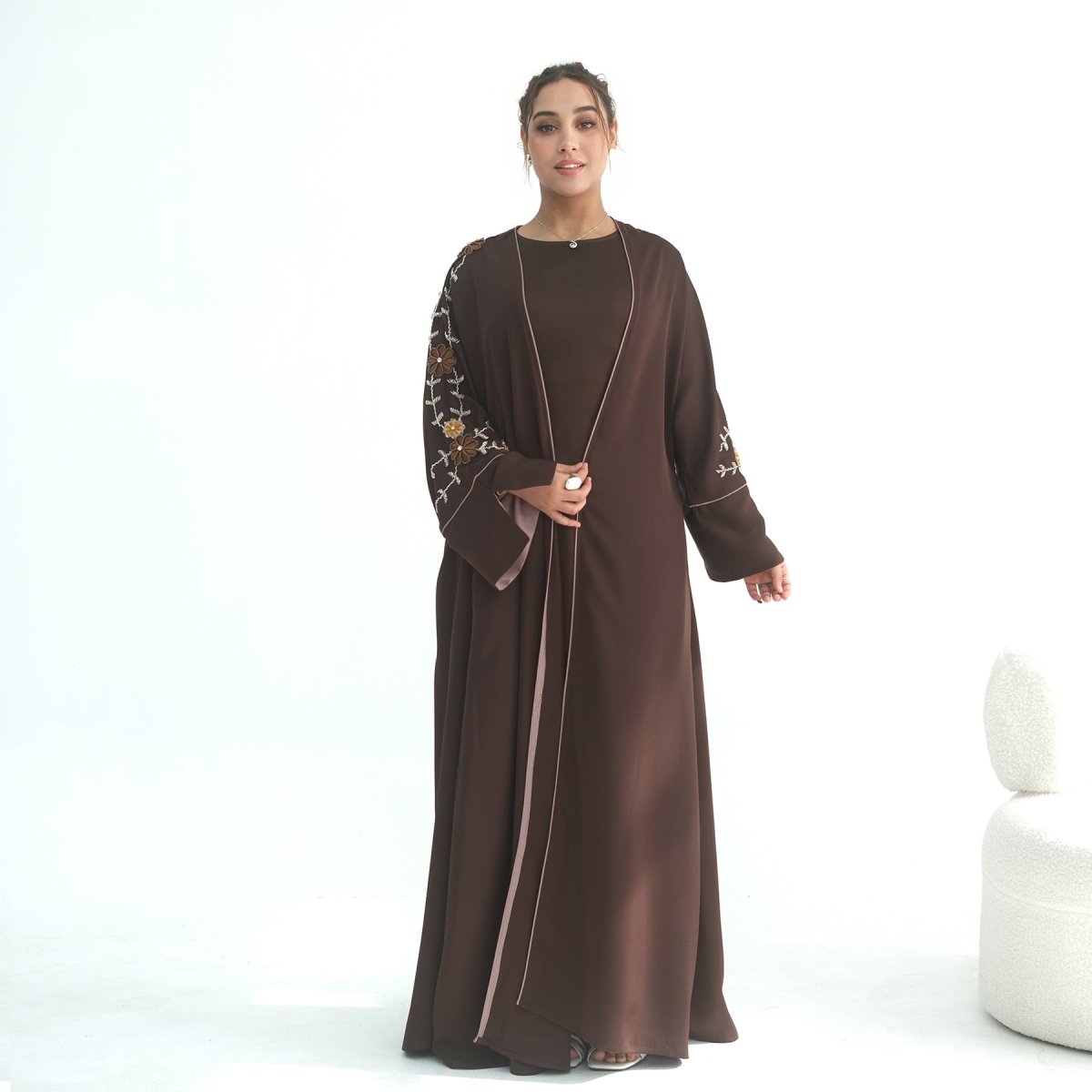 Nida Abaya with Hand - Beaded Floral Sleeves(MOA290) - Mariam's Collection