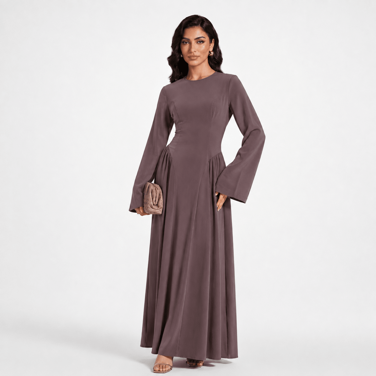 Nida Flared Maxi Dress with Pleated A-Line Skirt & Wide Bell Sleeves(MS435) - Mariam's Collection