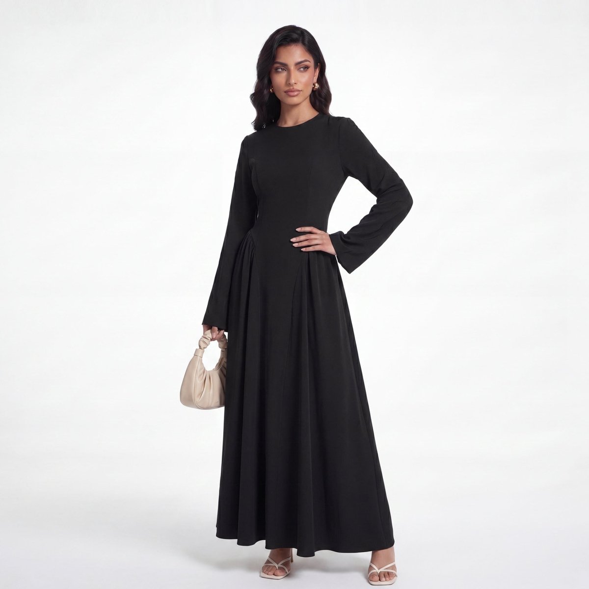 Back view showing lace-up corset detail on nida maxi dress