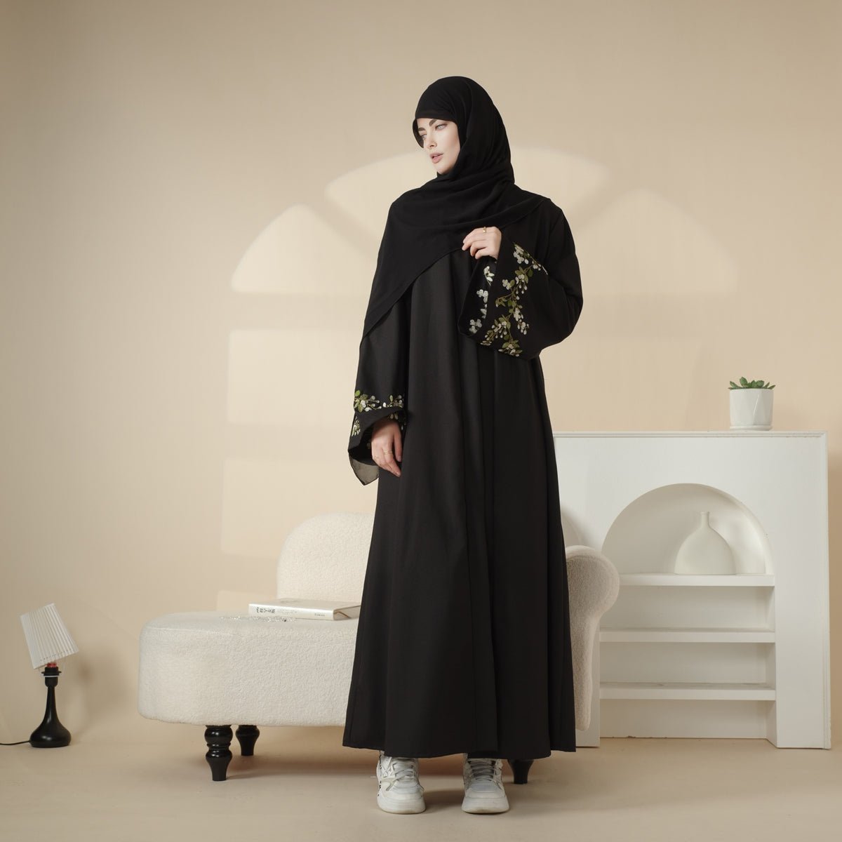 Olive Branch Embroidered Linen Abaya Set With Matching Belt & Hijab (MOA037) - Mariam's Collection
