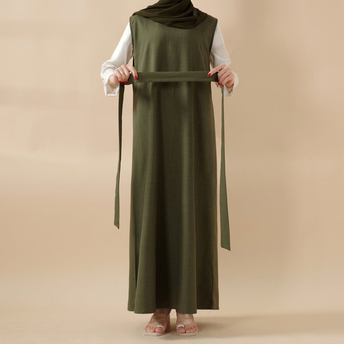 Olive Branch Embroidered Linen Abaya Set With Matching Belt & Hijab (MOA037) - Mariam's Collection