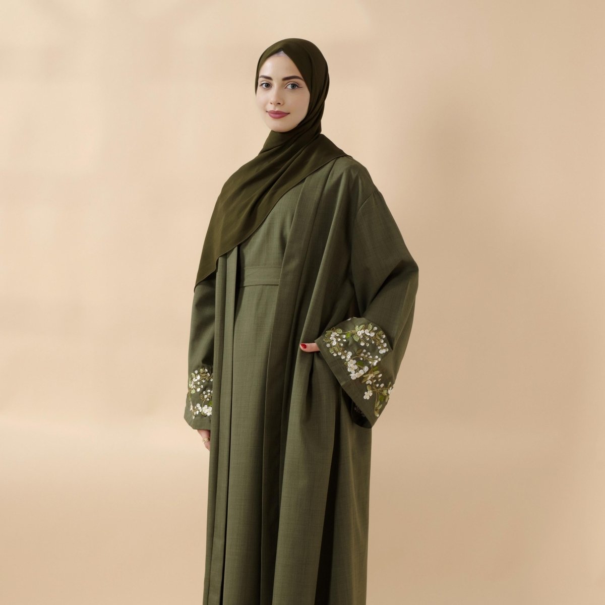 Olive Branch Embroidered Linen Abaya Set With Matching Belt Hijab (MOA037)