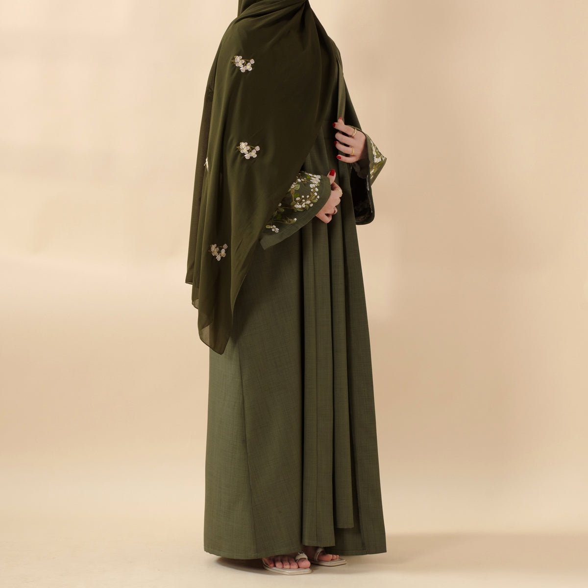 Olive Branch Embroidered Linen Abaya Set With Matching Belt & Hijab (MOA037) - Mariam's Collection