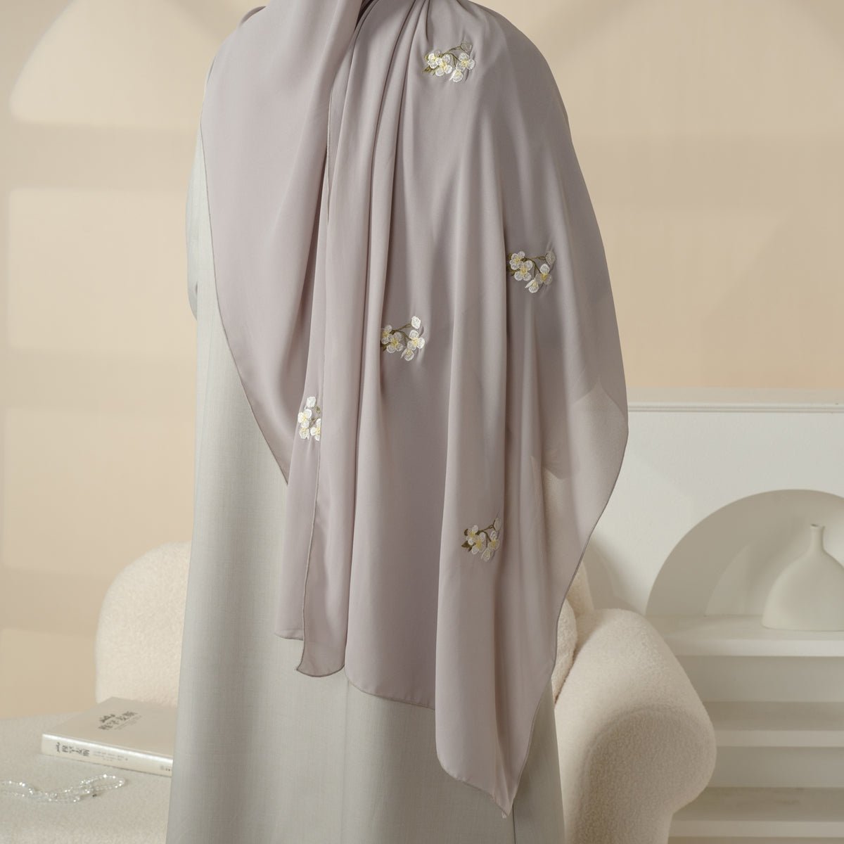 Olive Branch Embroidered Linen Abaya Set With Matching Belt & Hijab (MOA037) - Mariam's Collection
