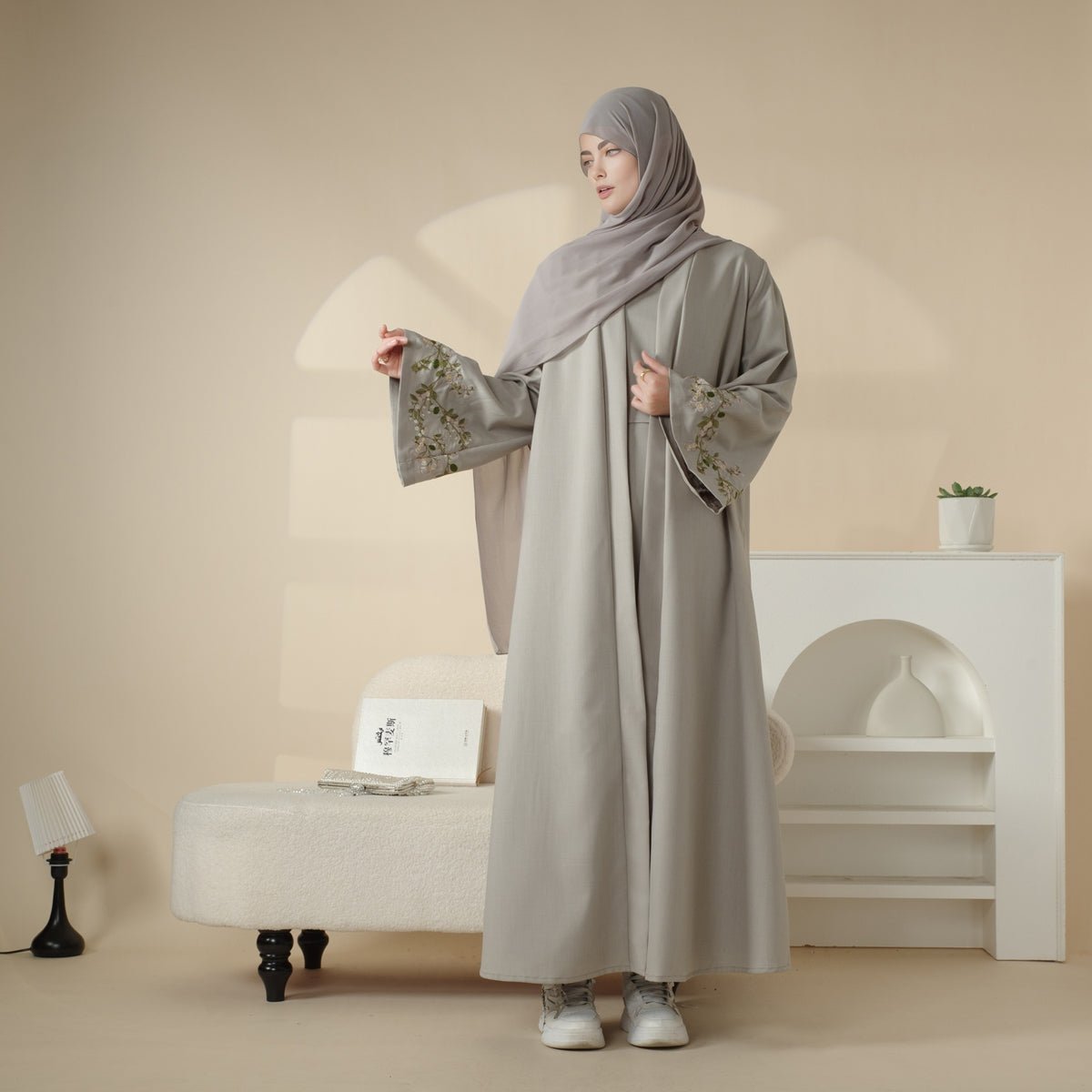 Olive Branch Embroidered Linen Abaya Set With Matching Belt & Hijab (MOA037) - Mariam's Collection